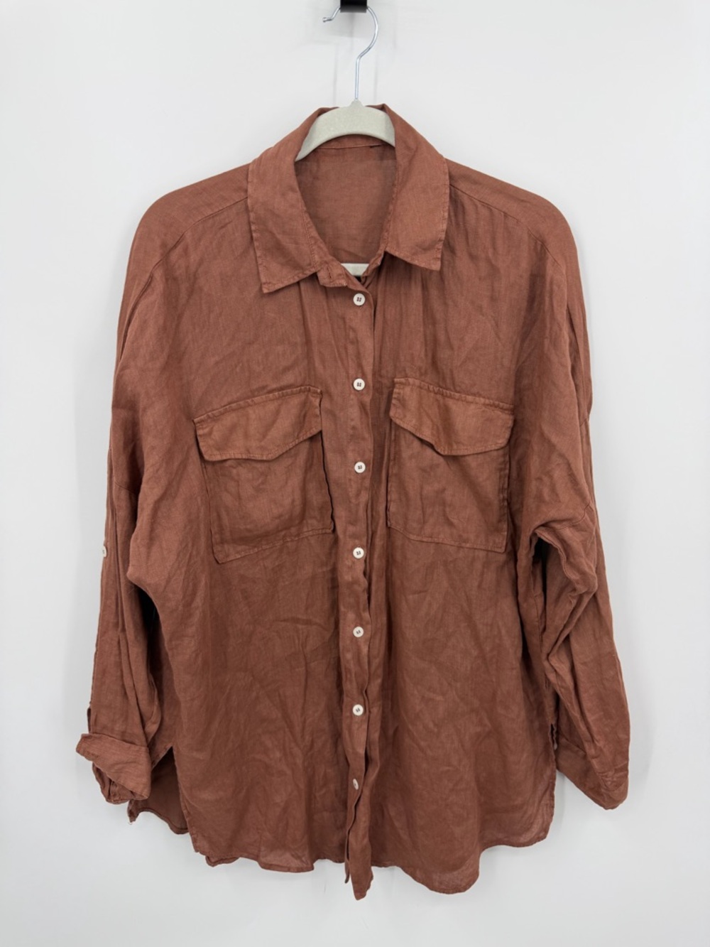 Zara 100%‎ European Grown Linen Oversized Button-Down Shirt sz S rust orange